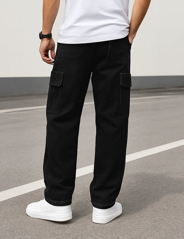 Men's Black Denim Multipockets Baggy Jeans