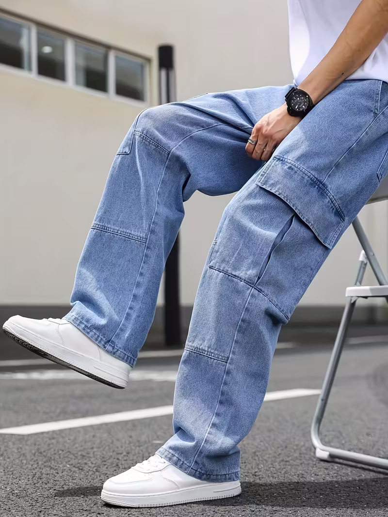 Men's Blue Denim Multipockets Baggy Jeans