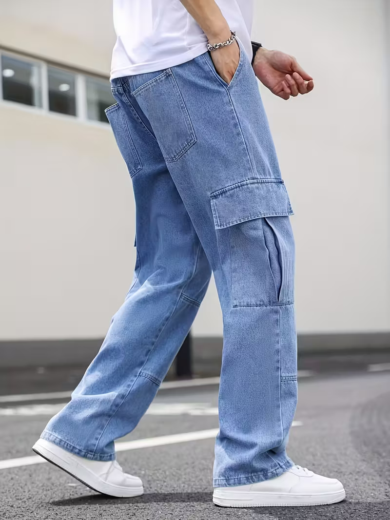 Men's Blue Denim Multipockets Baggy Jeans