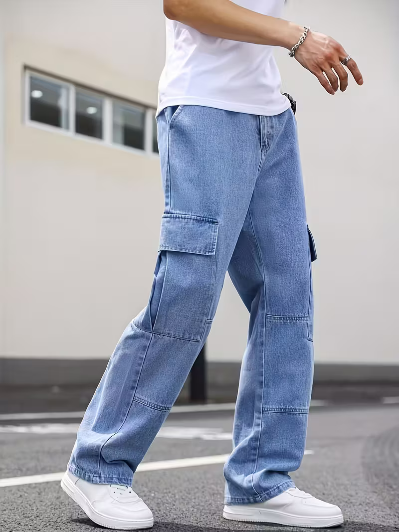 Men's Blue Denim Multipockets Baggy Jeans