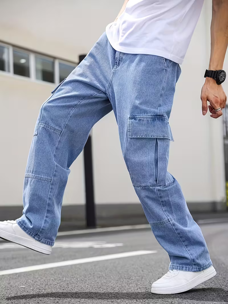 Men's Blue Denim Multipockets Baggy Jeans