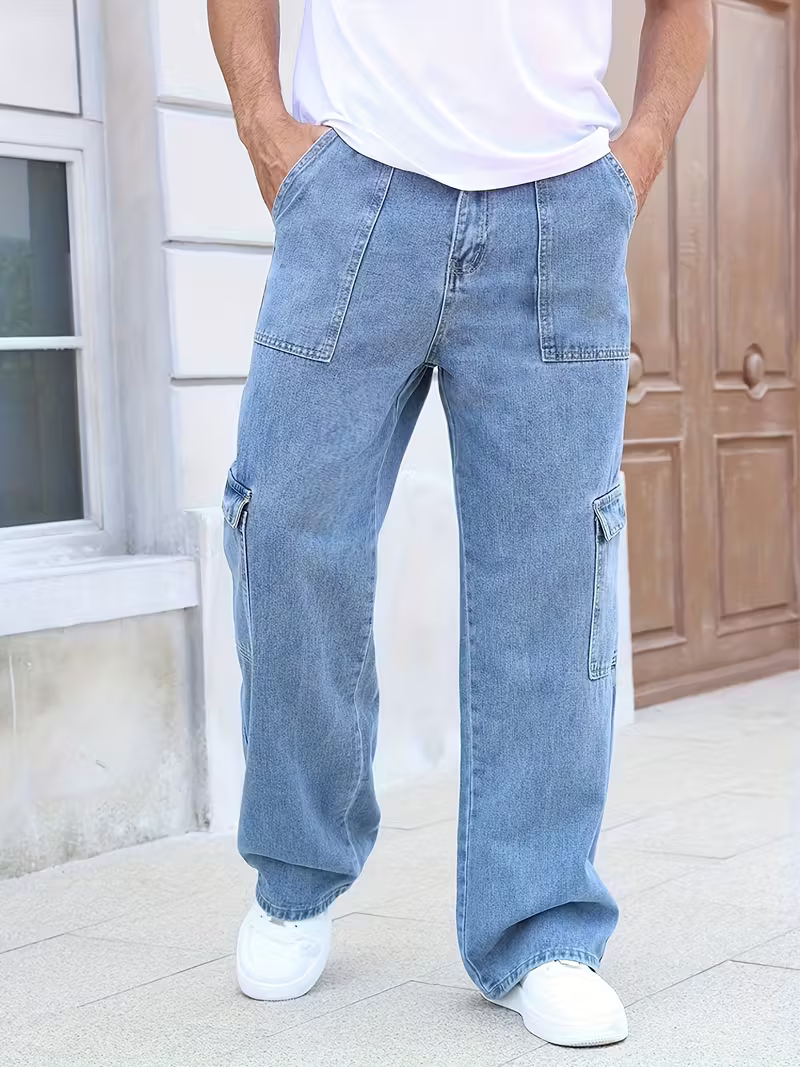 Men's Blue Denim Multipockets Baggy Jeans