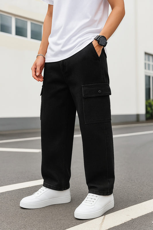 Men's Black Denim Multipockets Baggy Jeans
