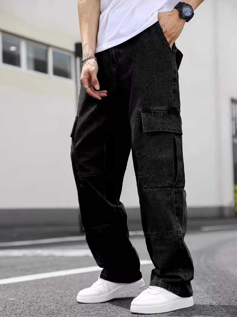 Men's Black Denim Multipockets Baggy Jeans