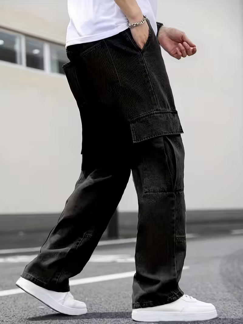 Men's Black Denim Multipockets Baggy Jeans
