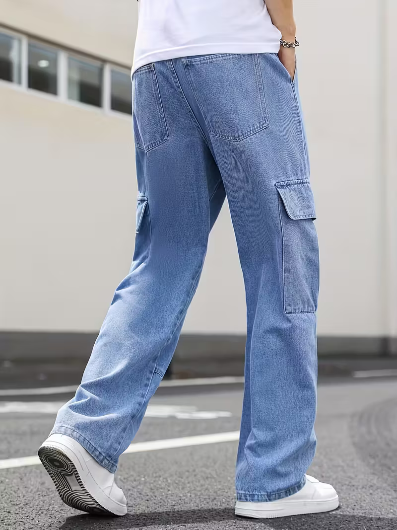 Men's Blue Denim Multipockets Baggy Jeans