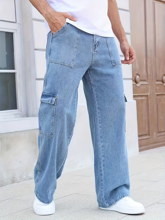 Men's Blue Denim Multipockets Baggy Jeans
