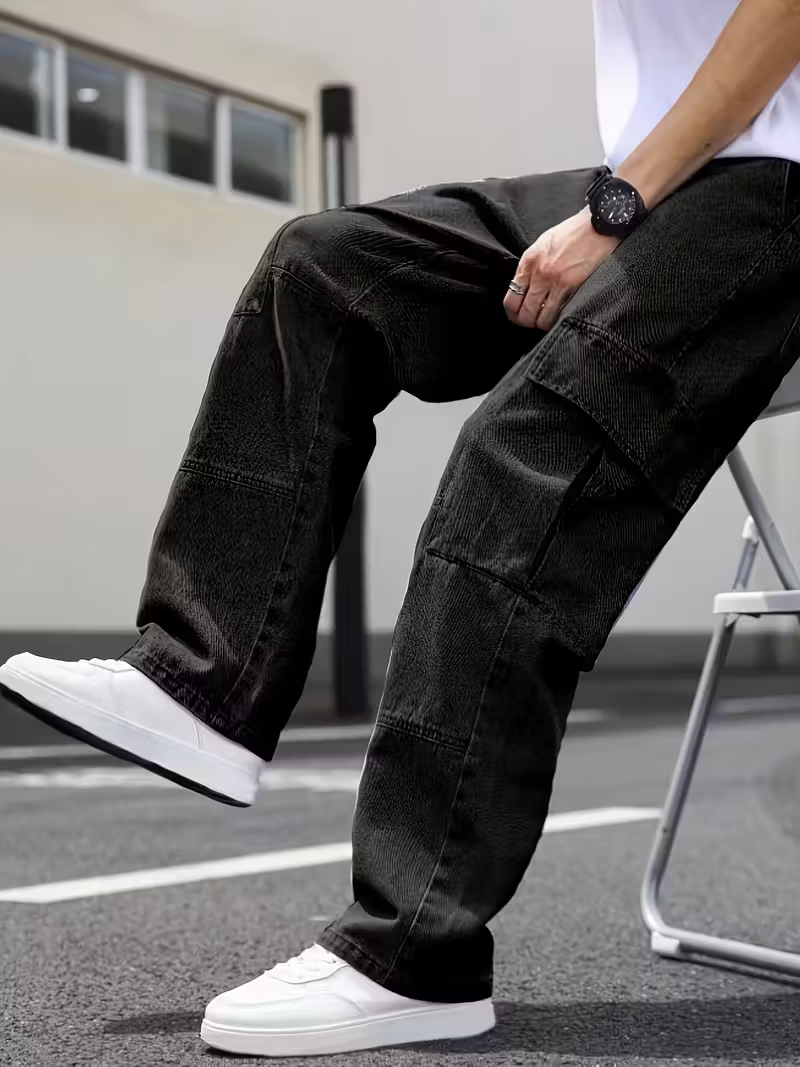 Men's Black Denim Multipockets Baggy Jeans