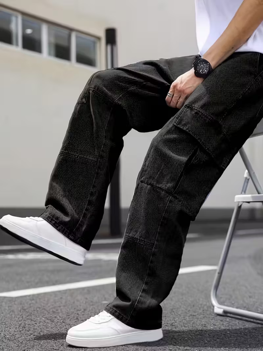 Men's Black Denim Multipockets Baggy Jeans